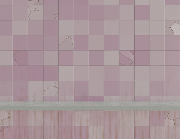 墙壁上是破碎的粉红色瓷砖，脏兮兮的溪水，背景是一个架子。瓷砖修复横幅。3 d渲染插图。图片下载