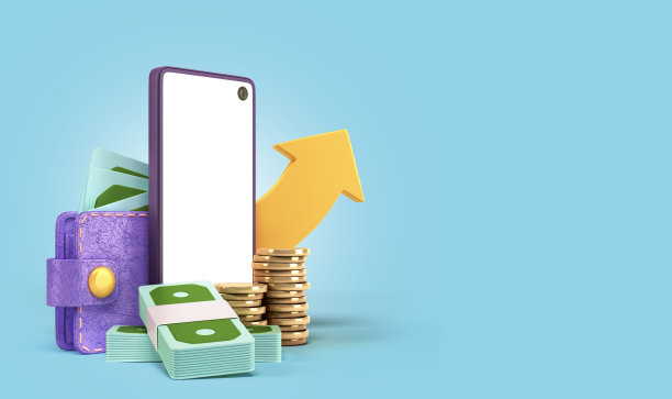 Сoncept积累资金智能手机，信用卡和账单，蓝色背景3d渲染插图图片下载