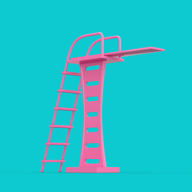 粉红色游泳池跳板在双色调风格。3d渲染图片下载