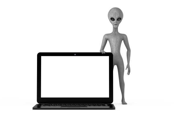 可怕的灰色人形外星人卡通人物人物吉祥物与现代笔记本电脑笔记本电脑和空白屏幕为您的设计。3d渲染图片下载