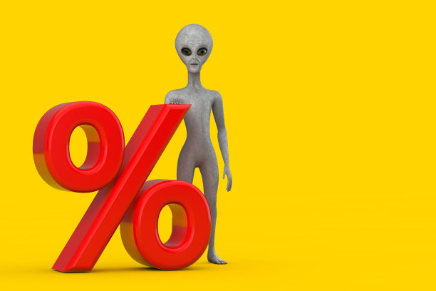 可怕的灰色人形外星人卡通人物人物吉祥物与红色零售百分比销售或折扣标志。3d渲染图片下载