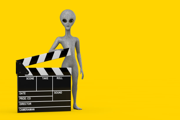 可怕的灰色人形异形卡通人物人物吉祥物与电影拍板。3d渲染图片下载