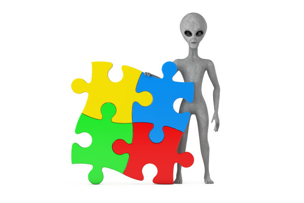 可怕的灰色人形异形卡通人物人物吉祥物与四块彩色拼图。3d渲染图片下载