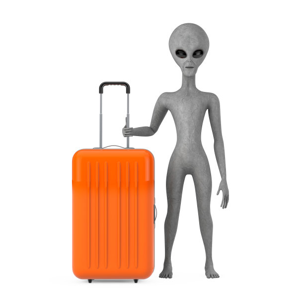 可怕的灰色人形外星人卡通人物人物吉祥物与橙色旅行手提箱。3d渲染图片下载