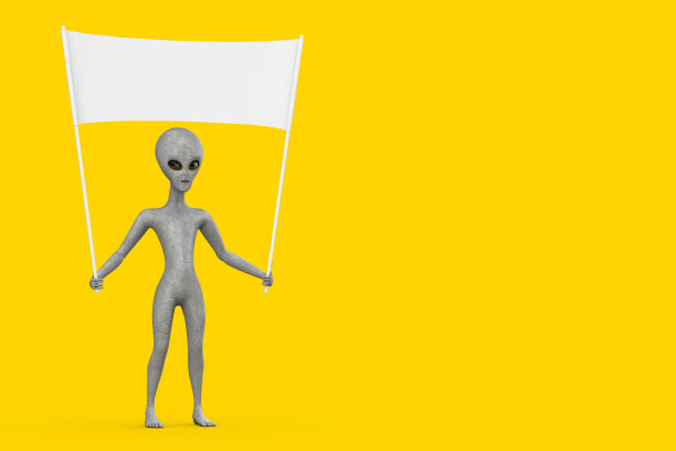 可怕的灰色人形外星人卡通人物人物吉祥物和空白色空白横幅与您的设计自由空间。3d渲染图片下载