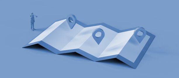 定位标记，地图和带望远镜的人。旅行和搜索的概念。3 d演示。副本的空间。图片下载