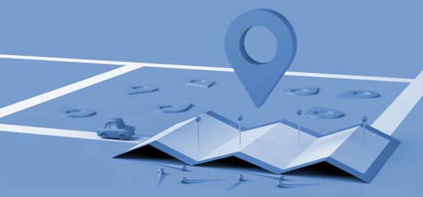 定位标记，带大头针的地图，汽车和望远镜。旅行和搜索的概念。3 d演示。副本的空间。图片下载