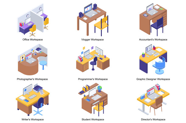 工作空间概念三维等距图标集图片下载