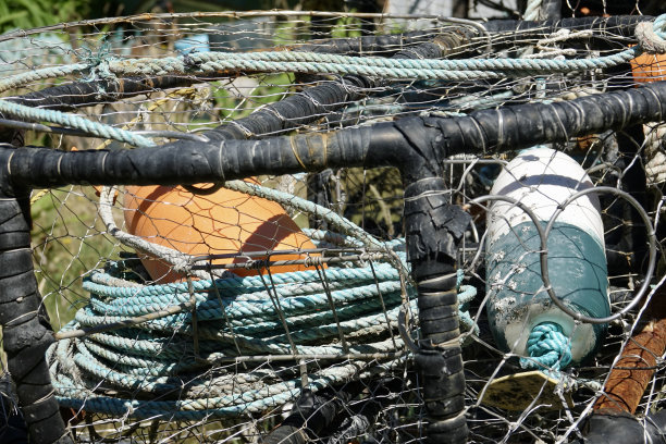 龙虾捕虾器，蟹笼和浮标特写图片下载