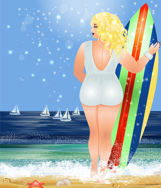 夏天沙滩上冲浪的大号女人图片下载
