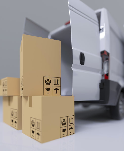 白色送货货车与包裹3d渲染图片下载