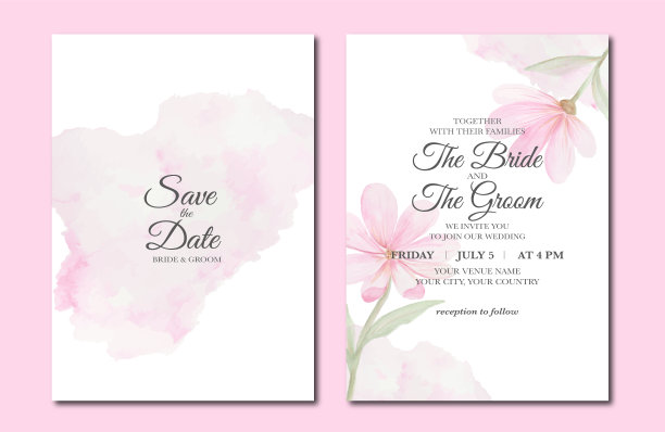 手工绘制的鲜花水彩婚礼请柬。图片下载