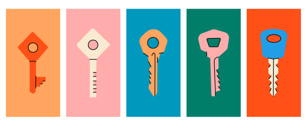 一套房子钥匙剪影。不同的海报上有手绘的房子钥匙。彩色背景上的现代门钥匙。家庭安全说明图片下载