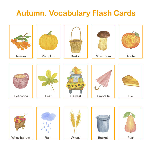 秋季假期，感恩节英语词汇学习印刷卡片，儿童教育主题工作表，托儿所，幼儿园，学前或休闲活动，教师资源，游戏图片下载