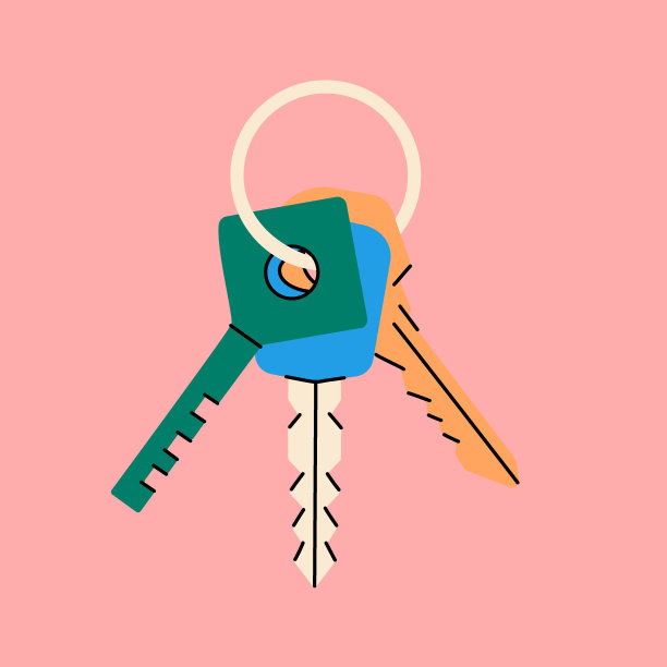 一串不同的钥匙扣。彩色手绘房子钥匙。现代门钥匙。家居安全插画海报模板图片下载