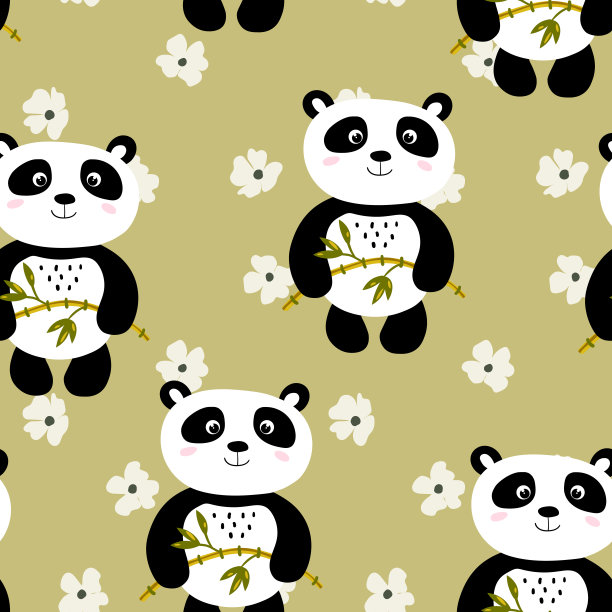 无缝图案与可爱的熊猫宝宝彩色背景。有趣的亚洲动物。卡片，给孩子们的明信片。平面矢量插图织物，纺织品，墙纸，海报，礼品包装纸图片下载