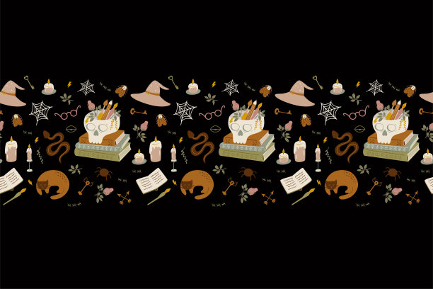 返校之谜无缝边界。黑暗学术界重复边书scull，图书馆，猫神秘的帽子，蜡烛，蛾背景。巫术教育设计。复古的学校。矢量插图。图片下载