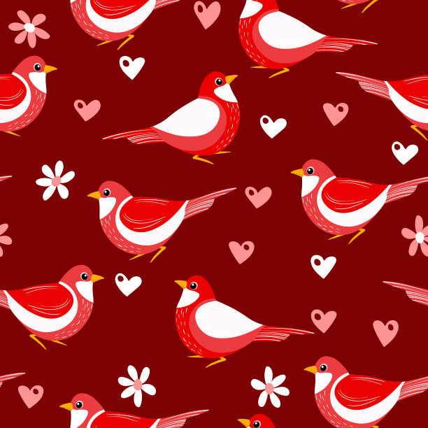 无缝图案，有趣的彩色鸟，花，树叶和浆果。彩色平面矢量插图与小卡通鸟。可爱的人物。设计邀请函，海报，卡片，纺织品，织物图片下载