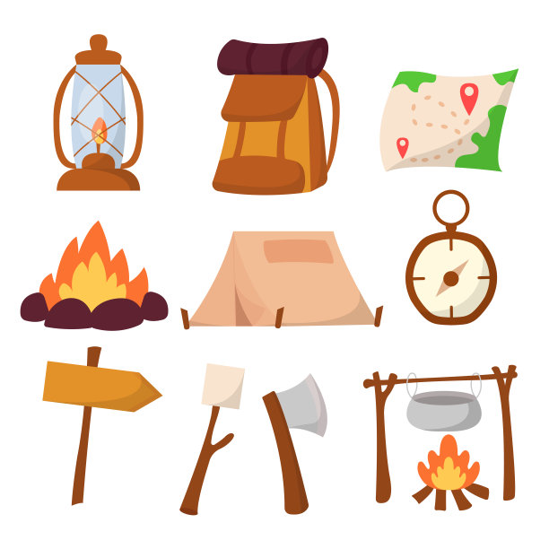 露营用品，工具和设备集矢量插图。集合图片下载