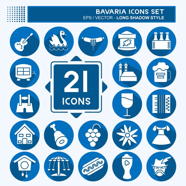 图标设置巴伐利亚。适合教育符号。长长的阴影风格。简单的设计可编辑。设计模板向量。简单的说明图片下载