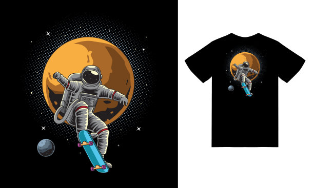 宇航员玩滑板在太空插图与t恤设计溢价矢量图片下载