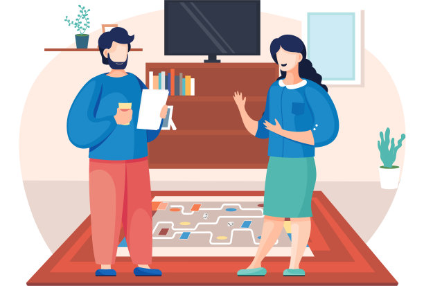 人们在家里玩桌游，卡通插图，傍晚舒适的客厅氛围图片下载