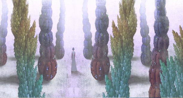 女人独自在超现实的性质。自由，神秘，方式，孤独和孤独的概念，山水画艺术，3d插画，幻想的花朵图片下载