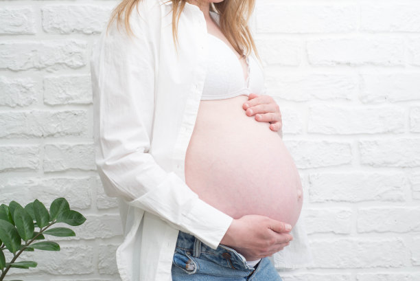 一个穿着白衬衫的孕妇把肚子贴在砖墙上。图片下载
