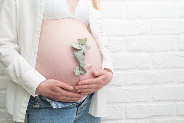 一个穿着白衬衫的孕妇抱着一根桉树枝靠在砖墙上。图片下载