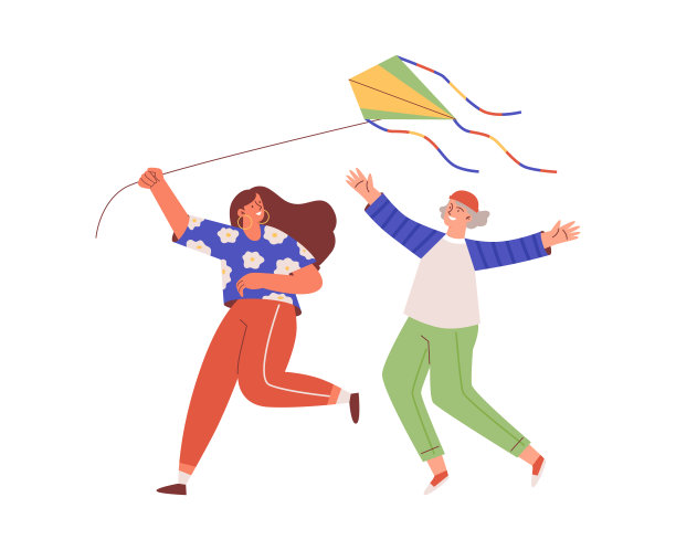 跑步的年轻人与风筝平风格，矢量插图图片下载