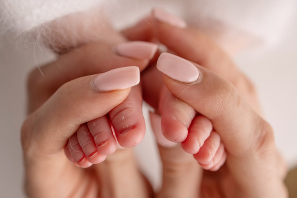 父母的手掌。在白色的背景下，父亲和母亲用白色的毯子抱着新生婴儿的脚。新生儿的双脚在父母的手中。脚，高跟鞋和脚趾的照片图片下载