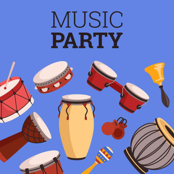 音乐派对广告横幅或传单与古典乐器，平面矢量插图。图片下载