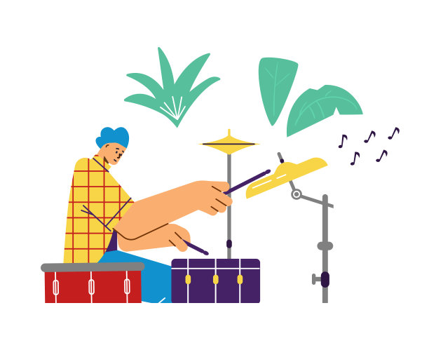 男人打鼓与棍子，平面矢量插图孤立在白色背景。图片下载