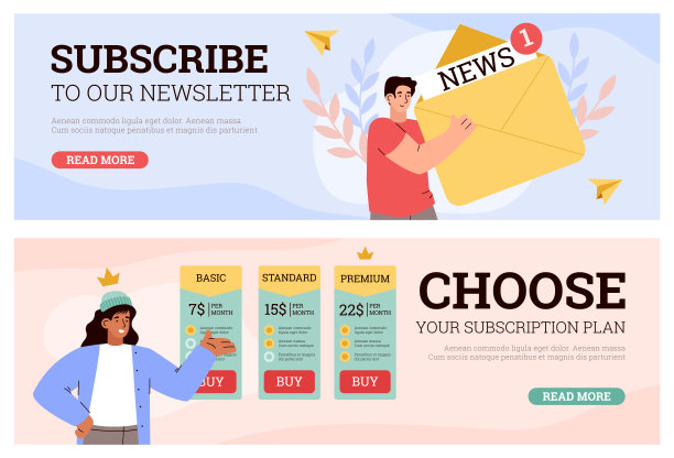 网页横幅设置与通讯和服务订阅的概念，平面矢量插图。图片下载