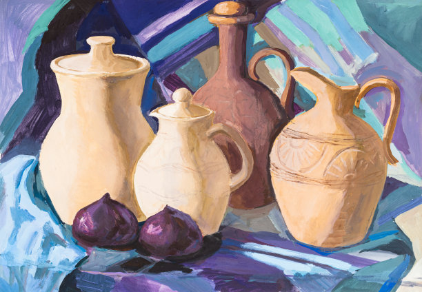 手绘静物与陶罐和无花果图片下载