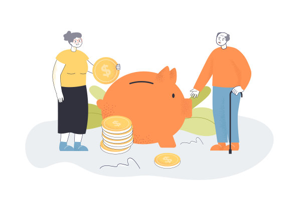 年长的男人和女人带着大储蓄罐和硬币图片下载