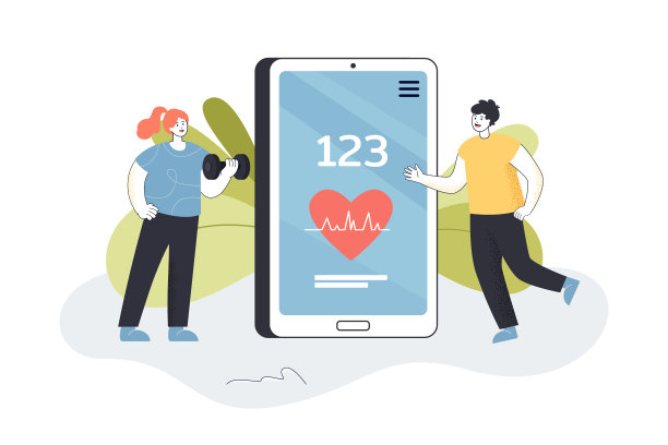 男人和女人使用巨大的手机上的培训应用程序图片下载