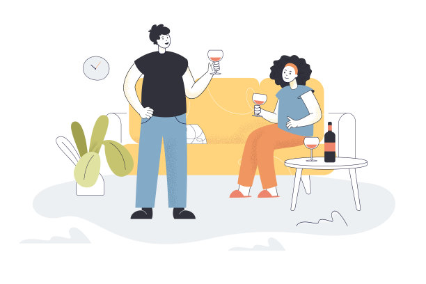 男人和女人喝葡萄酒在家里平面矢量插图图片下载