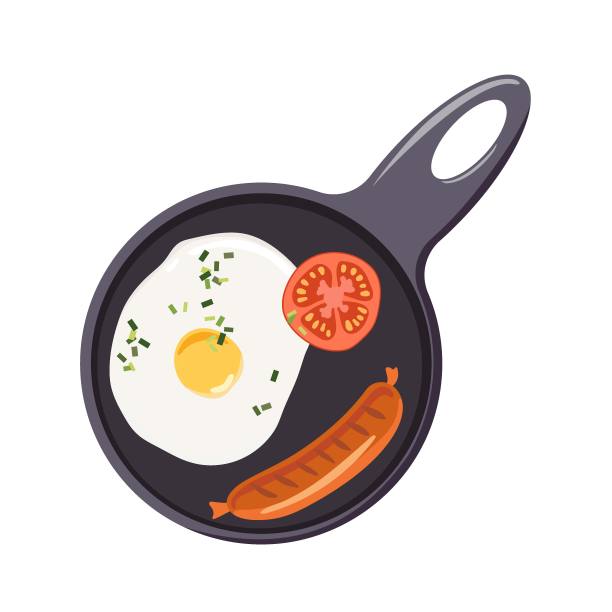 早餐。一个鸡蛋，香肠和西红柿在煎锅里。孤立食物的俯视图。矢量插图孤立在灰色背景。平面设计菜单，咖啡厅，餐厅，食谱图片下载