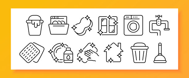 清洁房子设置图标。水桶，抹布，洗碗机，海绵，窗户，洗衣机，水龙头，洗碗，活塞，干净，闪亮。清洁的概念。矢量线图标的业务和广告图片下载
