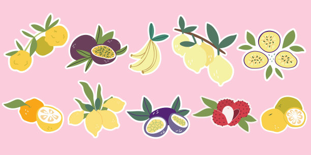 一套带有异国水果的贴纸。热带有机产品。Fruitarianism。卡通风格。孤立背景上的矢量插图。多汁的百香果，成熟的香蕉，荔枝，柚子，橙子，柠檬。图片下载