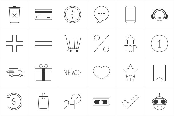 商店图标。网上购物图标设置。收集细线黑色网页图标在线商店孤立在白色背景。图片下载