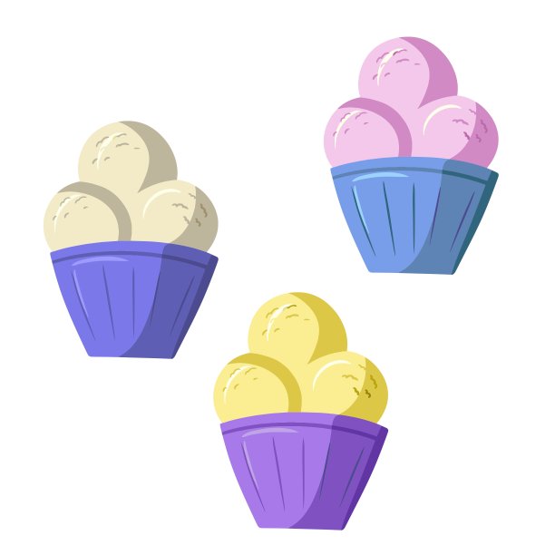 一套精致的甜冷甜点，水果和香草冰淇淋在不同的杯子，卡通矢量插图图片下载