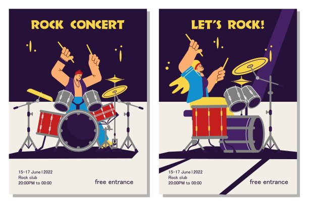 摇滚音乐音乐会横幅与卡通滑稽鼓手，平面矢量插图。图片下载