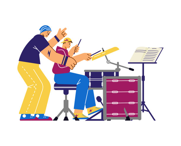 有经验的鼓手教小男孩演奏平式乐器图片下载