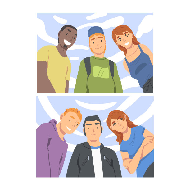 一群年轻的男人和女人微笑着看着图片下载