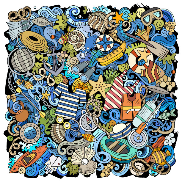 海洋手绘矢量涂鸦插图。有趣的图片颜色。图片下载