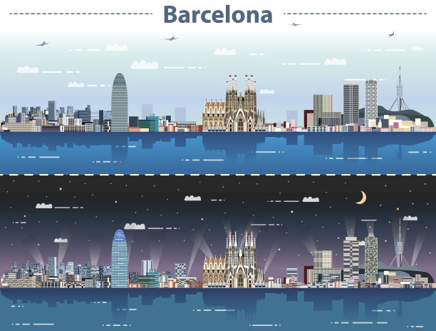 巴塞罗那白天和晚上的城市景观图片下载