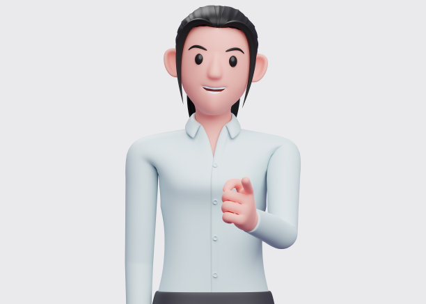 3d蓝色衬衫的商务女性指着相机，3d渲染商务女性的角色插图图片下载