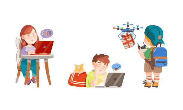 可爱的孩子与现代小玩意设置男孩和女孩图片下载